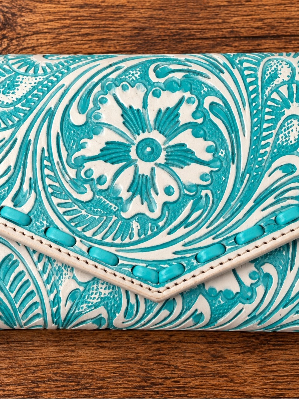 Myra Bag Teal and Cream Hand-Tooled Leather Wallet Wristlet - Picture 2 of 2